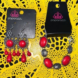 Paparazzi Red and Silver Earrings W/ Bracelet Set
